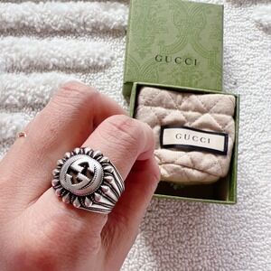 GUCCI AG925 Interlocking G GG Logo Ster. Silver Signet Ring Size IT 16/ US 7.5
